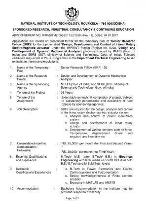 NIT, Rourkela Recruitment 2017 for 2 SRF Posts
