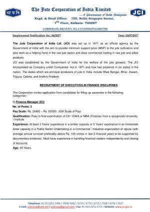 Jute Corporation of India Limited Recruitment 2017 for 2 Finance Manager Posts 