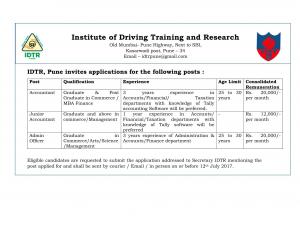 IDTR Recruitment 2017 for Accountant, Jr Accountant, and Admin Officer Posts