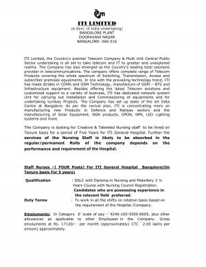 ITI Limited Recruitment 2017, Apply for 4 Staff Nurse Posts