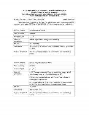 NIRT Recruitment 2017 for 05 Junior Medical Officer & Other Posts