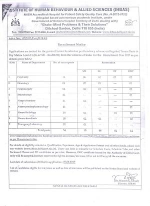 IHBAS Recruitment 2017 for 34 Senior Resident Posts