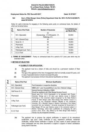 Kolkata Police Recruitment 2017 for 23 Nurse & Other Posts
