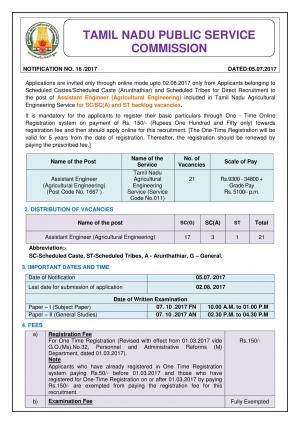 TNPSC Recruitment 2017 for 21 Assistant Engineer (Agricultural Engineering) Post