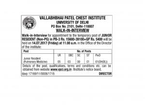 Vallabhbhai Patel Chest Institute Recruitment 2017, Apply for 10 Junior Resident Posts 