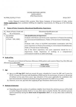 Cochin Shipyard Limited Recruitment 2017 for 04 Accountant Posts