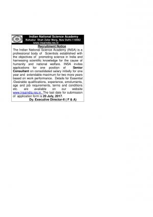 INSA Recruitment 2017 for 01 Senior Consultant Post