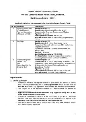 Gujarat Tourism Opportunity Ltd. Recruitment 2017, 7 Vacancies for Engineer and Other Posts  