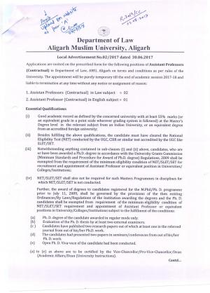 Aligarh Muslim University Recruitment 2017, 3 Vacancies for Assistant Professor Post 