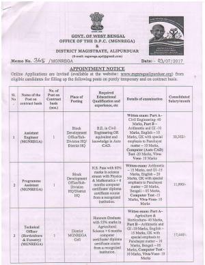 MGNREGA, Alipurduar Recruitment 2017 for 06 Assistant Engineer, Technical Assistant & Other Posts