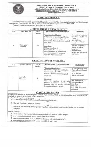 ESIC, Manesar Recruitment 2017, 2 Vacancies for Homeopathy and Ayurvedic Pharmacist Posts