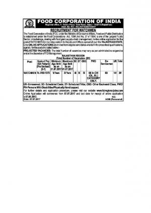 FCI Recruitment 2017, 281 Vacancies for Watchmen Posts   