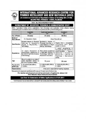ARCI Recruitment 2017 for 07 Scientist, Technical Assistant & Assistant Posts