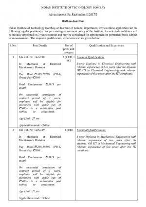 IIT Bombay Recruitment 2017, Apply for 6 Junior Mechanic Posts  