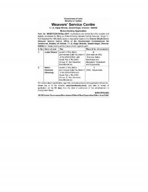 Weavers Service Centre, Chennai Recruitment 2017 for 07 Junior Weaver, Sr. Assistant Posts
