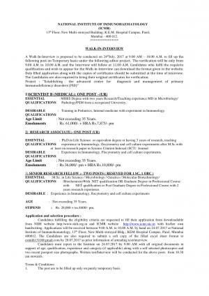 ICMR National Institute of Immunohaematology Recruitment 2017, 4 SRF and Other Posts  