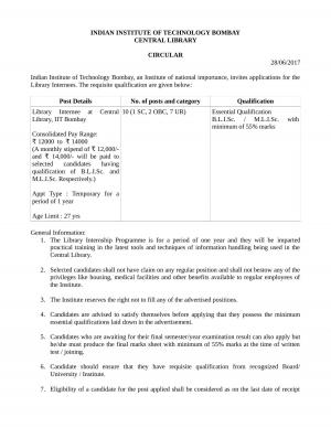 IIT Bombay Recruitment 2017, Apply for 10 Library Internee Posts  