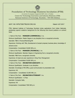 FTBI Recruitment 2017, Apply for 4 Vacancies of Manager, Incubation Associate and Other