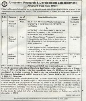 DRDO ARDE Recruitment 2017 for 07 Junior Research Fellow Posts