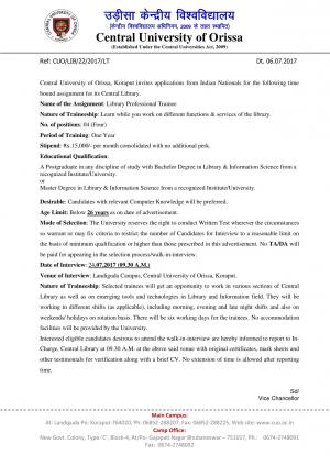 Central University of Odisha Recruitment 2017 for 04 Library Professional Trainee Posts