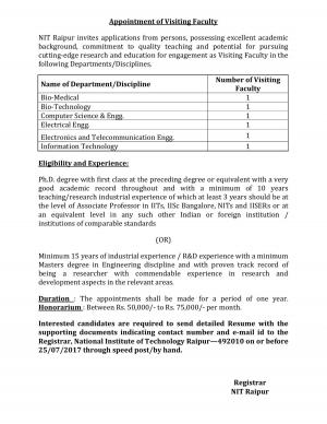 NIT Raipur Recruitment 2017, Apply for 6 Vacancies for Visiting Faculty Posts  