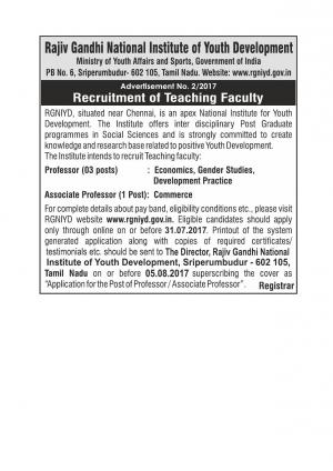 RGNIYD Recruitment 2017 for 04 Faculty Posts