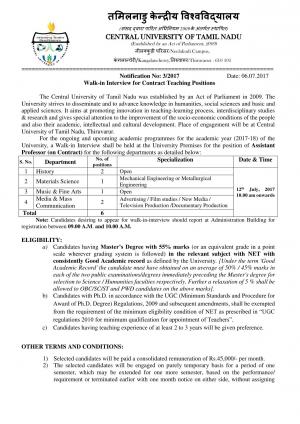 Central University of Tamil Nadu Recruitment 2017 for 06 Assistant Professor Posts