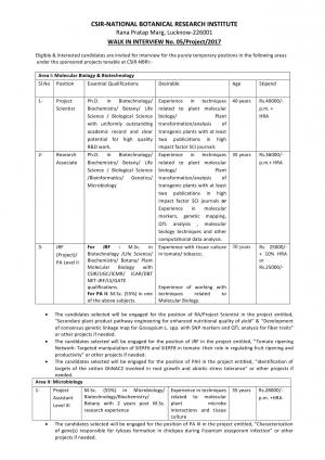 CSIR-NBRI Recruitment 2017 for Project Scientist, Research Associate & JRF Posts