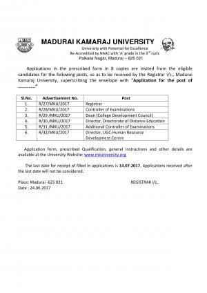 MKU Recruitment 2017 for 06 Registrar, Director & Controller of Examination Posts