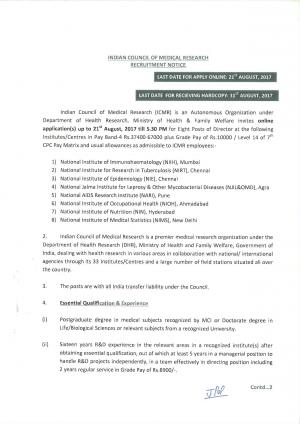 ICMR Recruitment 2017, Apply for 8 Director (ICMR Institutions) Posts  