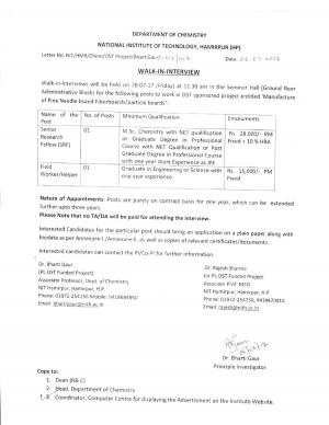 NIT, Hamirpur Recruitment 2017, Apply for 2 Senior Research Fellow and Field Worker Posts  