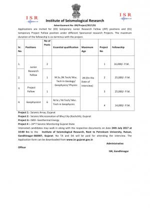 Institute of Seismological Research Recruitment 2017, Apply for JRF/Project Fellow and Other Posts   