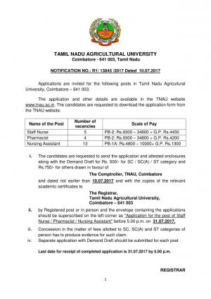 TNAU Recruitment 2017, 22 Vacancies for Nurse, Pharmacist, and Other Posts 