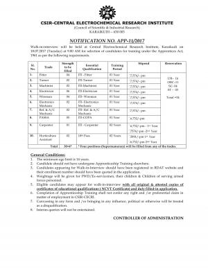 CSIR Central Electrochemical Research Institute Recruitment 2017, Apply for 34 Tradesman Posts 