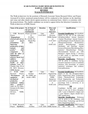 ICAR- NDRI Recruitment 2017 for 07 Project Assistant II and Other Posts