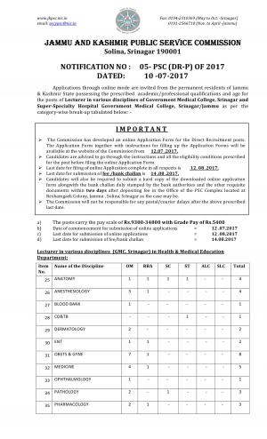 JKPSC Recruitment 2017 for 54 Lecturer Posts