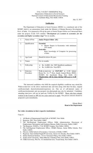 NCERT Recruitment 2017, Apply for Junior Project Fellow Posts  