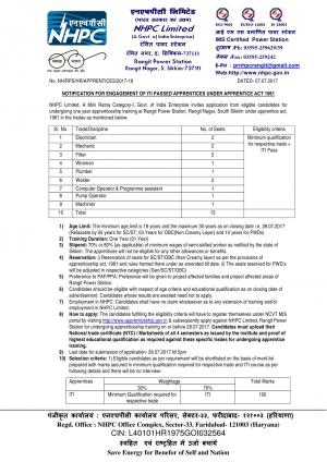 NHPC Limited Recruitment 2017 for 13 Apprentice Post