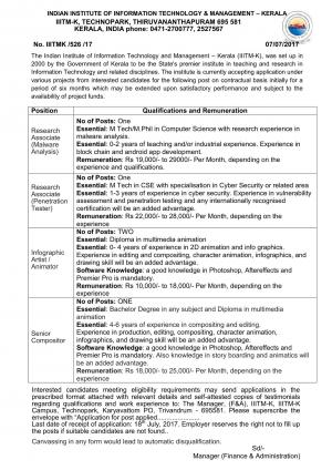 IIITMK, Thiruvananthapuram Recruitment 2017 for 05 RA and Other Posts
