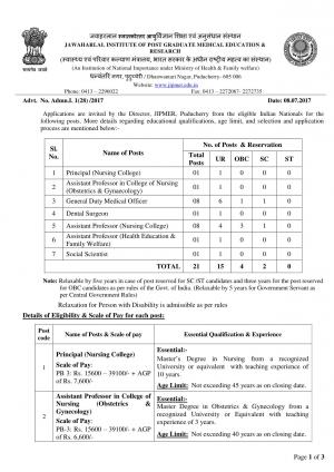 JIPMER, Puducherry Recruitment 2017 for 21 Assistant Professor & Other Posts