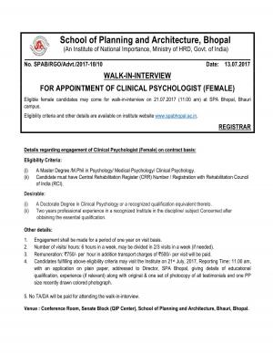 SPA, Bhopal Recruitment 2017 for Clinical Psychologist (Female) Post