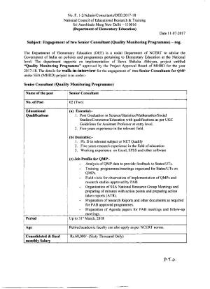 NCERT Recruitment 2017 for 02 Senior Consultant Posts