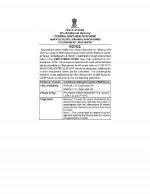 CGHS Recruitment 2017, 02 vacancies for Staff Nurse Post