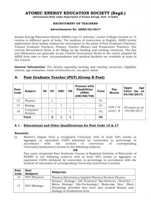  Atomic Energy Education Society Recruitment 2017, Apply for 21 PGT, TGT and Other Posts  