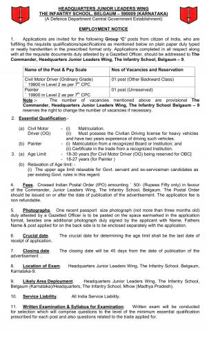 The Infantry School, Belgaum (Karnataka) Recruitment 2017 for 02 Civil Motor Driver and Other Posts