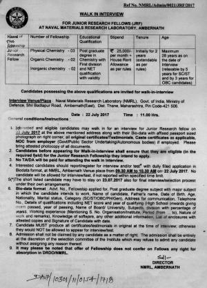 Naval Materials Research Laboratory Recruitment 2017 for 07 Junior Research Fellow Posts