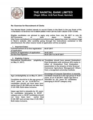 The Nainital Bank Limited recruitment 2017 for Clerk Posts