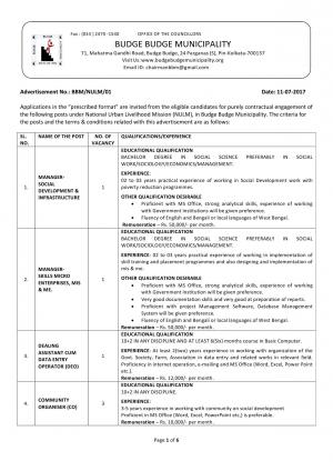 Budge Budge Municipality Recruitment 2017 for 6 Community Organiser, Manager & DEO Posts