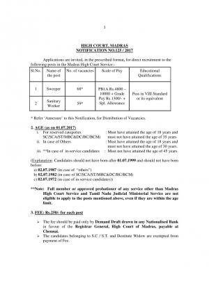 High Court, Madras Recruitment 2017 for 127 Sweeper and Sanitary Worker Posts