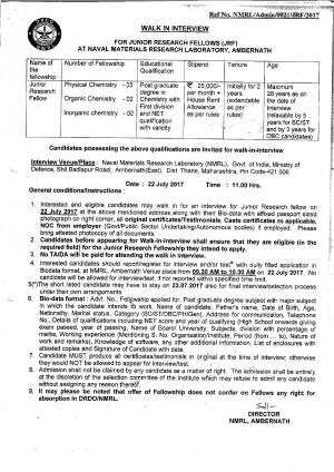 DRDO Recruitment 2017 for 07 JRF Posts